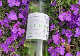 Flasche Wein mit Blumen, © Winzergenossenschaft Albig Flasche Wein mit Blumen, © Winzergenossenschaft Albig