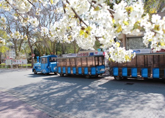 Bad Kreuznacher Bimmelbahn mit Baumblüte © Gesundheit und Tourismus für Bad Kreuznach GmbH Bad Kreuznacher Bimmelbahn mit Baumblüte © Gesundheit und Tourismus für Bad Kreuznach GmbH