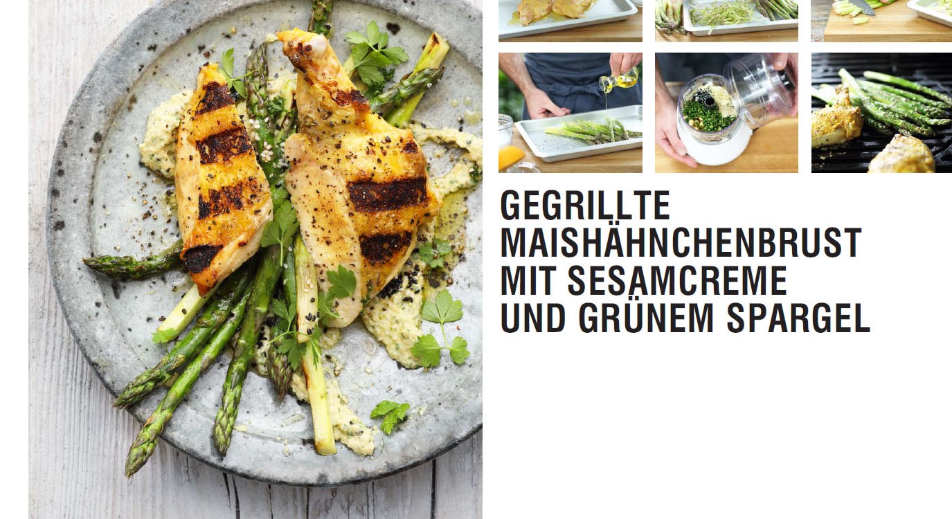 Gegrillte Maishähnchen mit grünem Spargel und Sesamcreme, © Manuel Weyer Culinary Art Gegrillte Maishähnchen mit grünem Spargel und Sesamcreme, © Manuel Weyer Culinary Art