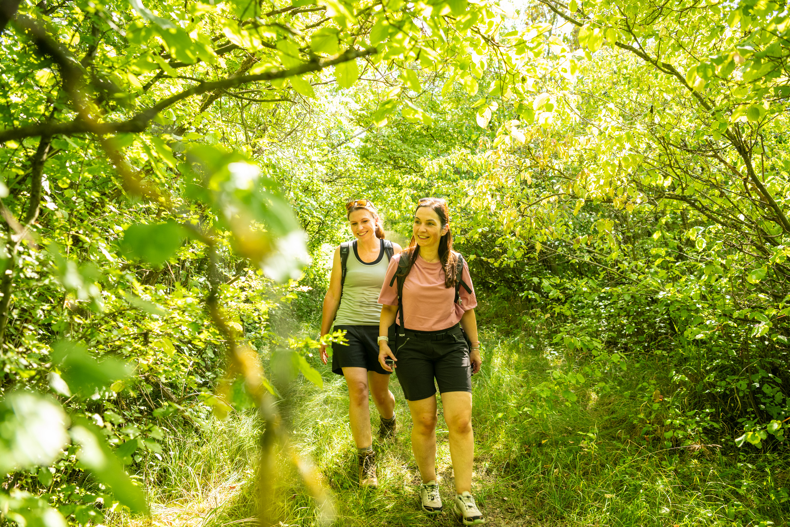 Zwei Frauen wandern auf einem schmalen, grasbewachsenen Pfad durch einen grünen, von Bäumen und Sträuchern umgebenen Abschnitt eines Wanderwegs. Beide tragen Rucksäcke und Freizeitkleidung. Sonnenlicht fällt durch die Blätter und beleuchtet den Weg und die Wanderinnen.