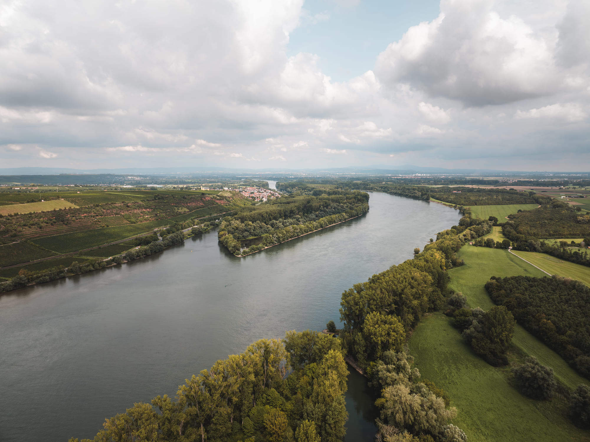 Rijneiland en groene oeverlandschap bij Nackenheim