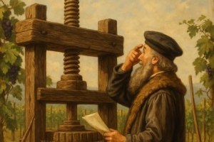 Johannes Gutenberg vor Traubenpresse, &copy; KI-generiert
