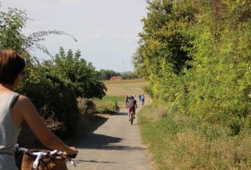 Several cyclists ride along a narrow paved path through a rural landscape. Hedges and trees line both sides, with fields, a house and a wind turbine visible in the distance.