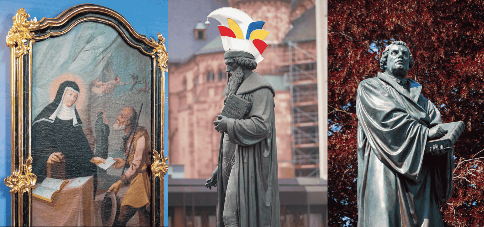 Dreiteiliges Bild mit historischen Darstellungen: links ein gerahmtes religiöses Gemälde einer weiblichen Ordensfigur im Gespräch mit einem Mann; in der Mitte eine Statue eines Gelehrten mit Buch, dem eine bunte Narrenkappe digital aufgesetzt wurde; rechts eine Statue eines männlichen Gelehrten in langem Gewand vor rötlichem Laub.