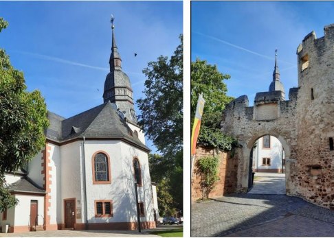 Evangelische Martinskirche (links), historische Wehrmauer mit Blick auf die Kirche (rechts)