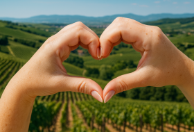 Hände formen ein Herz vor grünen Weinbergen in Rheinhessen – Symbol für Liebe zum Wein und regionale Verbundenheit.
