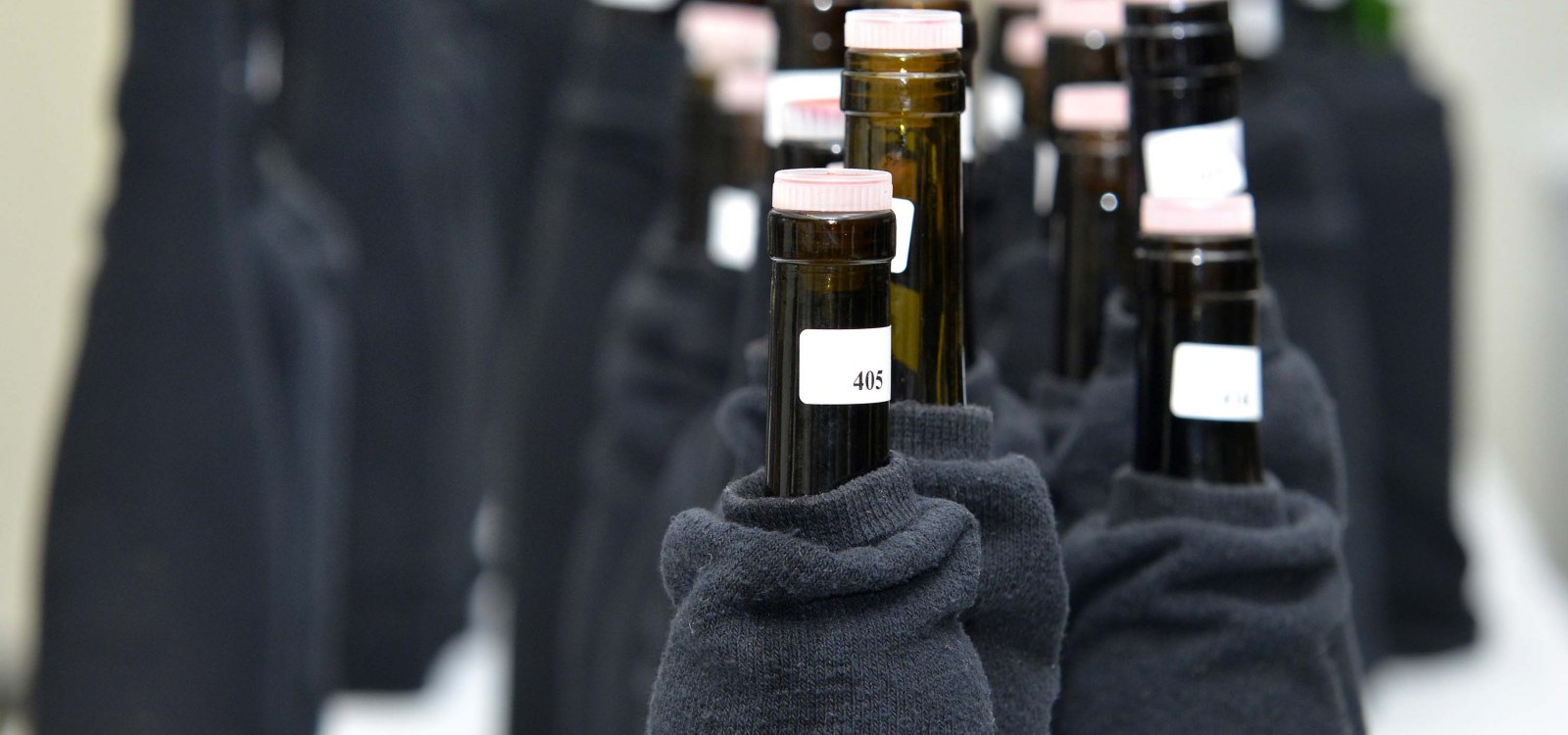 Flaschen bei einer verdeckten Weinprobe