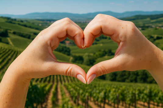 Hände formen ein Herz vor grünen Weinbergen in Rheinhessen – Symbol für Liebe zum Wein und regionale Verbundenheit.